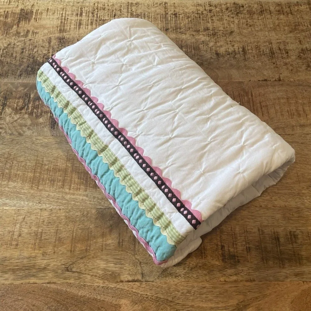 pottery barn kids girls crib comforter stripes pink green Brown reversible